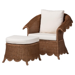 bali & pari Detta Natural Rattan Armchair and Ottoman Set - 2-Piece Handwoven Wicker Lounge Seating with Scalloped Skirt Base and Rolled Arms, Boho Coastal Style for Sunroom or Living Room